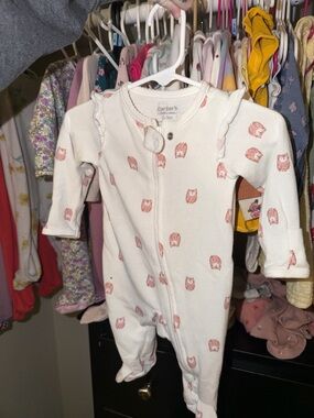 Carter's Cream Footed One-Piece with Pink Owl Print